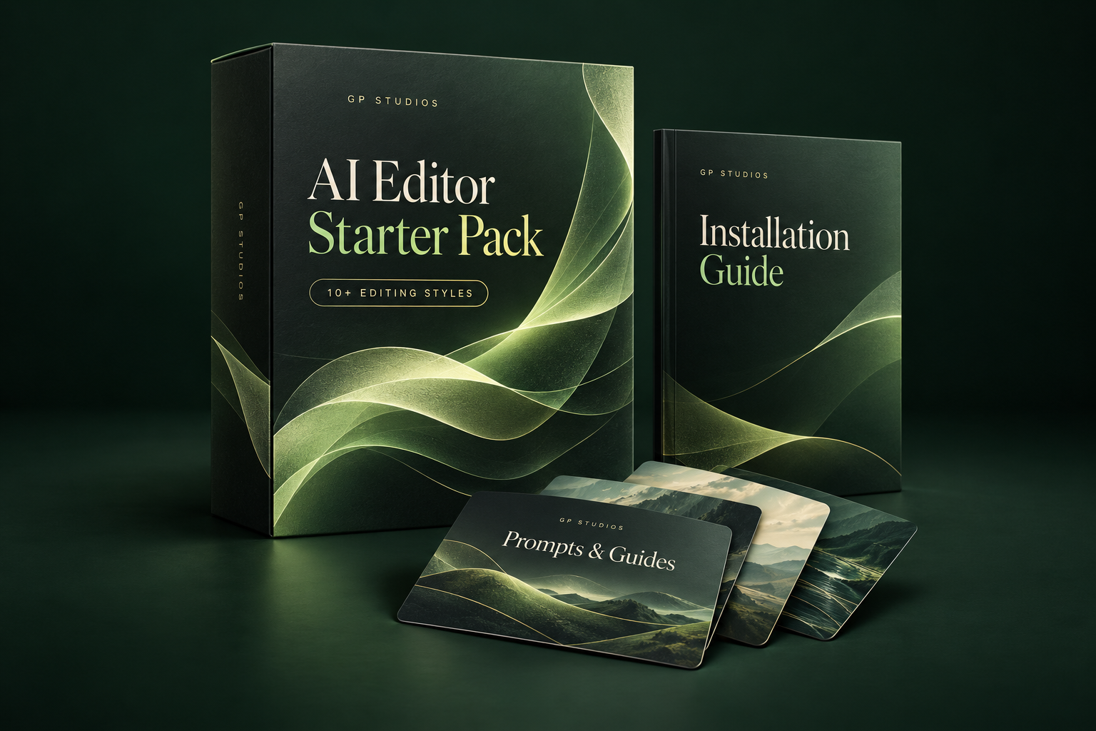 Digital AI Editor Starter Pack bundle visualization with installation guide and prompt and style cards